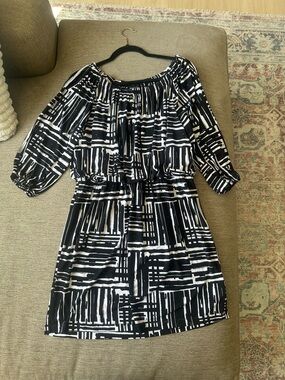 AB Studio Black & White Geometric Off-Shoulder Mini Dress